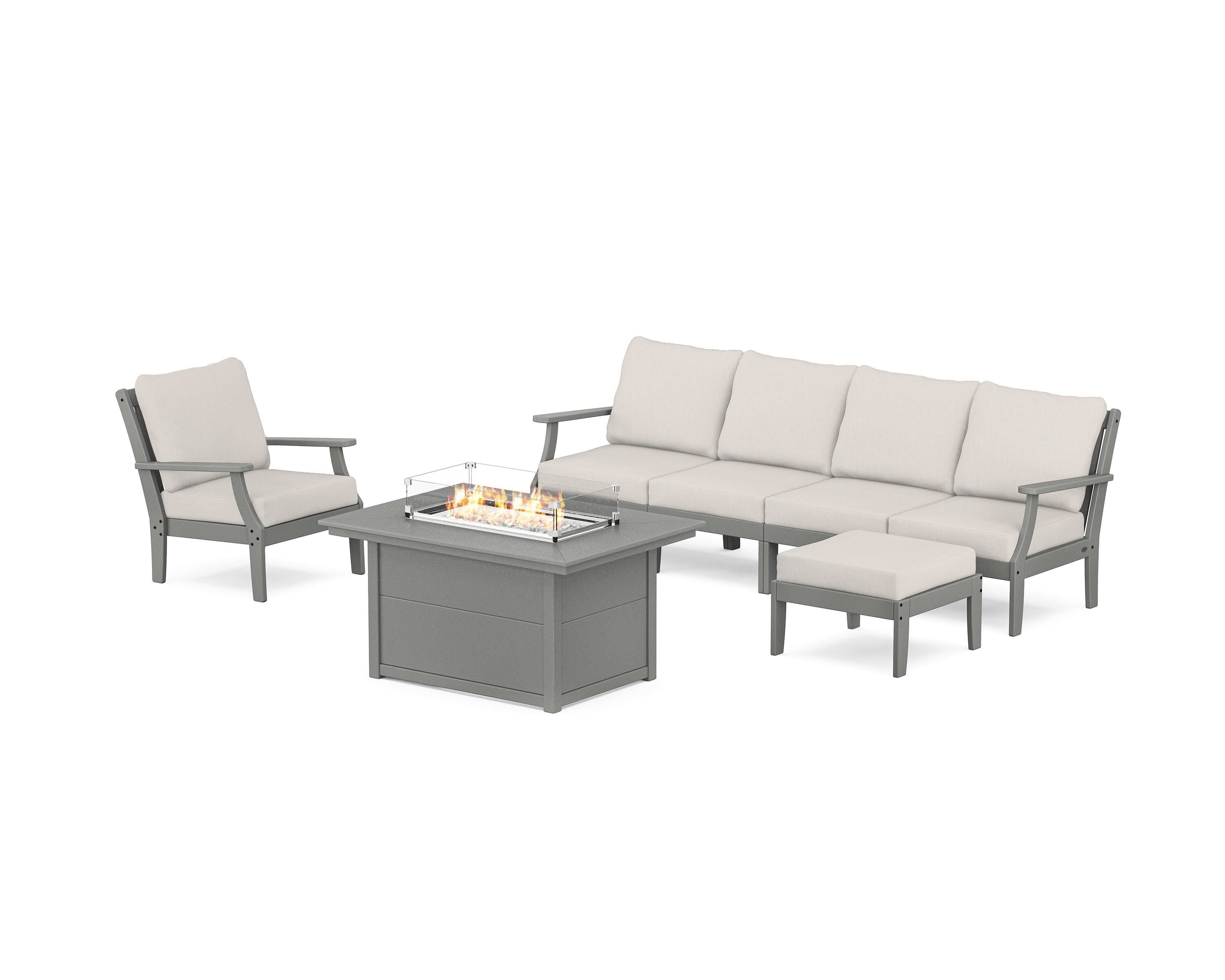 POLYWOOD® Braxton Sectional Lounge and Fire Pit Set in Slate Grey / Cast Ash