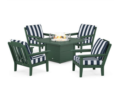 Country Living Cottage 5-Piece Deep Seating Set with Fire Pit Table in Green / Cabana Stripe Marine Indigo