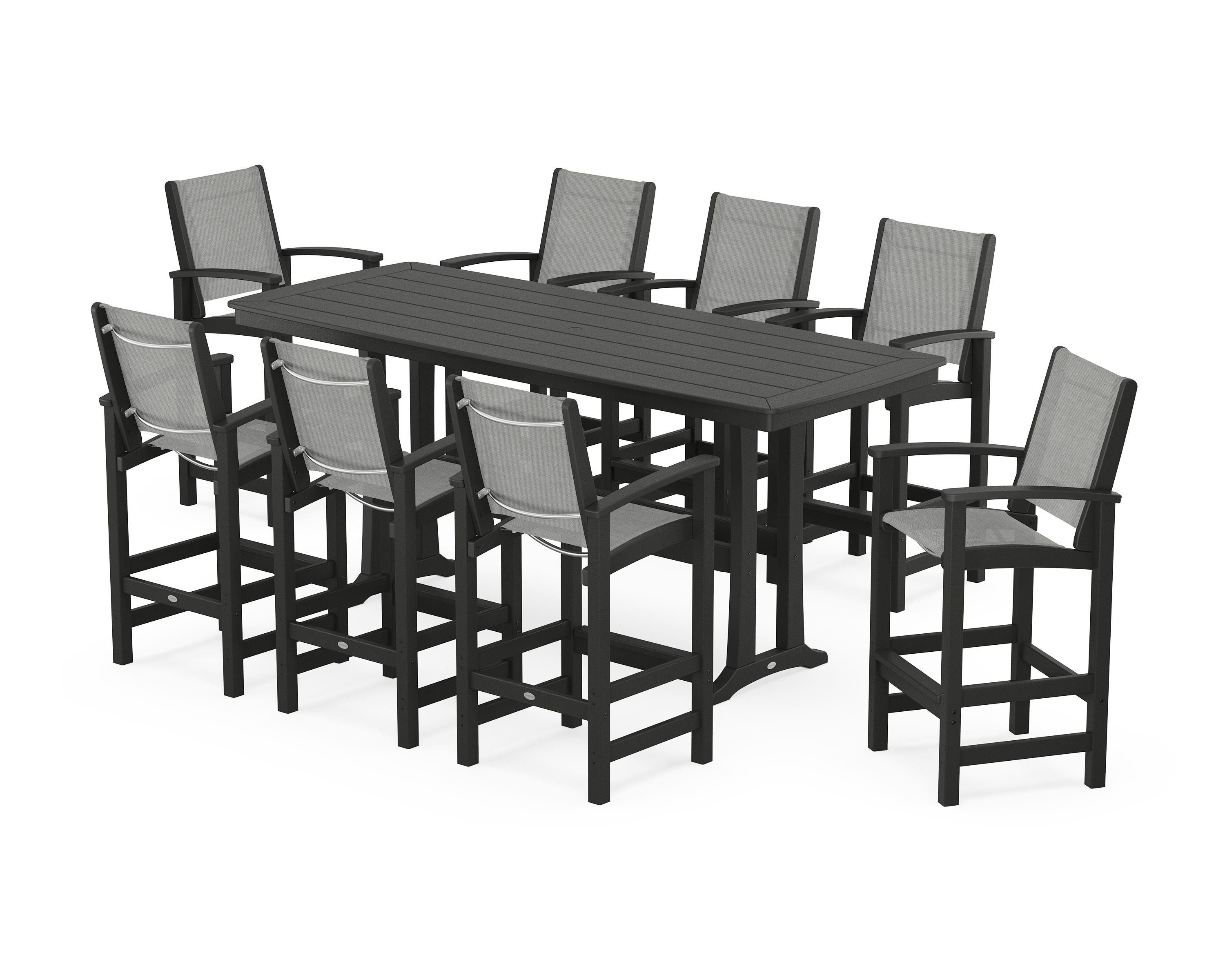 POLYWOOD® Coastal 9-Piece Bar Set with Trestle Legs in Black / Metallic Sling