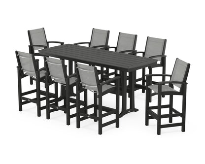 POLYWOOD® Coastal 9-Piece Bar Set with Trestle Legs in Black / Metallic Sling