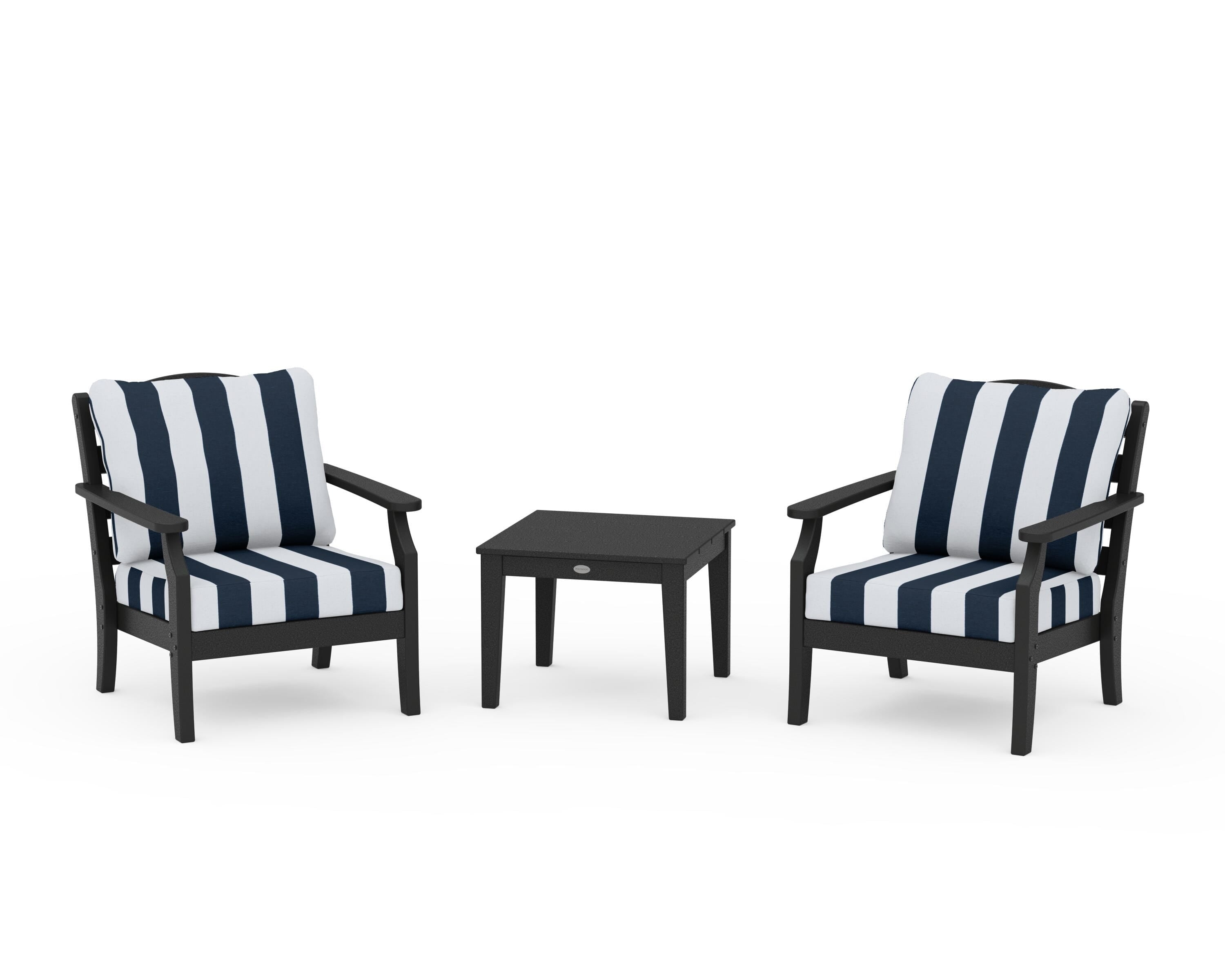 Draper James™ by  POLYWOOD® Savannah 3-Piece Deep Seating Set in Black / Cabana Stripe Marine Indigo