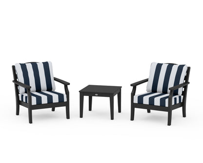 Draper James™ by  POLYWOOD® Savannah 3-Piece Deep Seating Set in Black / Cabana Stripe Marine Indigo