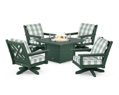 POLYWOOD® Chippendale 5-Piece Deep Seating Swivel Conversation Set with Fire Pit Table in Green / Buffalo Plaid Glacier Spa