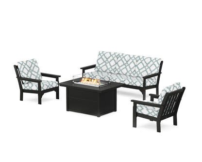 POLYWOOD® Vineyard Deep Seating Fire Pit Table Set in Black / Trellis Glacier Spa