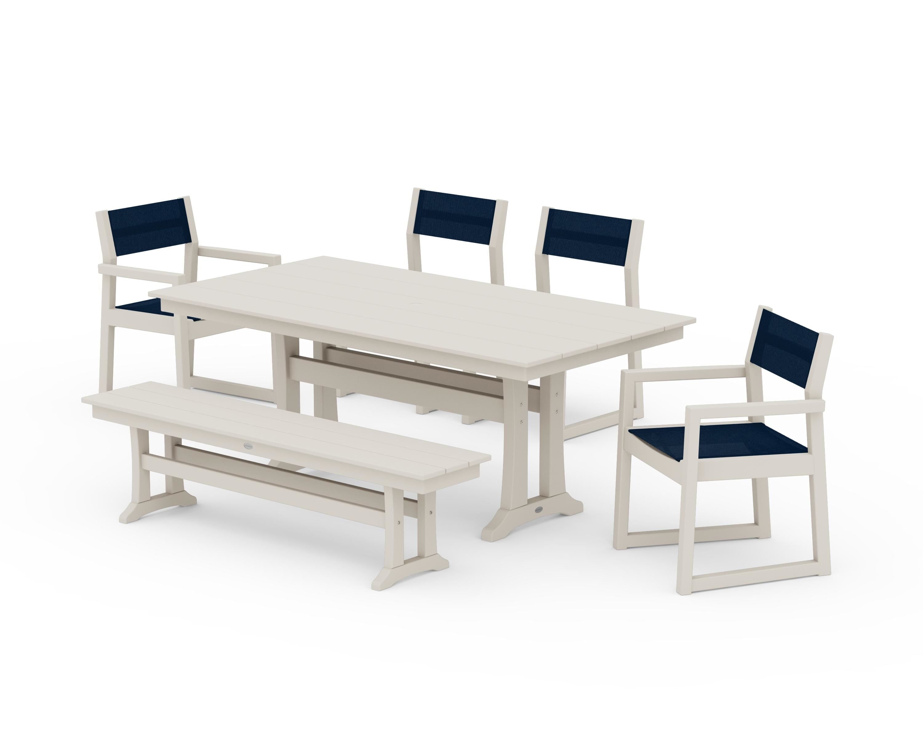 POLYWOOD® EDGE Sling 6-Piece Farmhouse Dining Set With Trestle Legs in Sand / Navy Blue Sling
