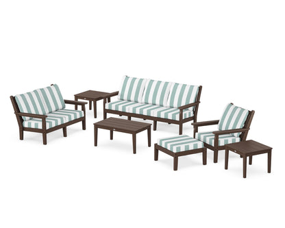 POLYWOOD® Chippendale 7-Piece Deep Seating Set in Mahogany / Cabana Stripe Glacier Spa