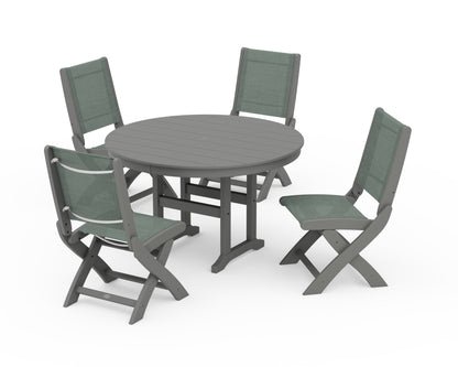 POLYWOOD® Coastal Folding Side Chair 5-Piece Round Dining Set in Slate Grey / Dupioni Sea Mist Sling