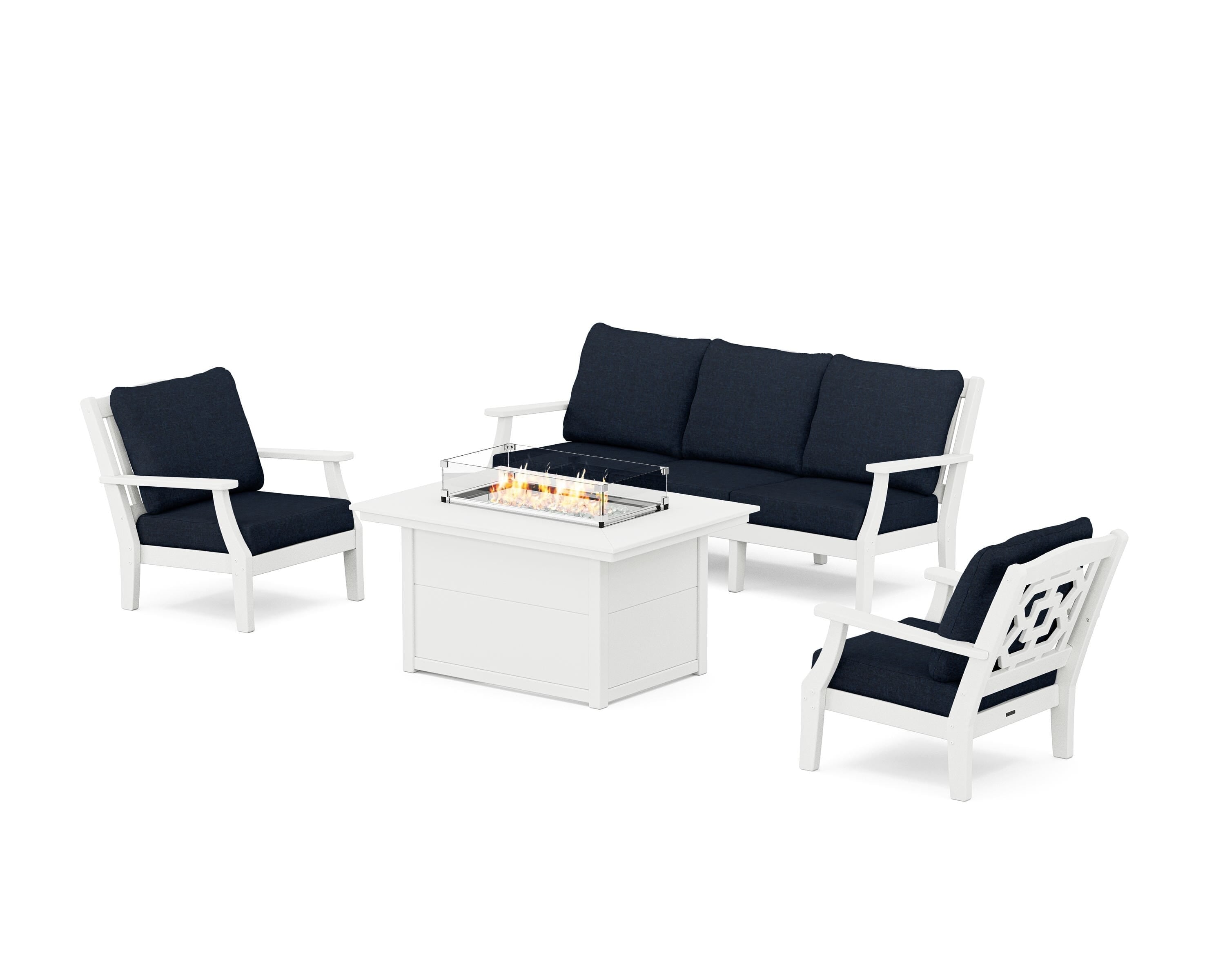 Martha Stewart by POLYWOOD® Chinoiserie Deep Seating Fire Pit Table Set in White / Marine Indigo