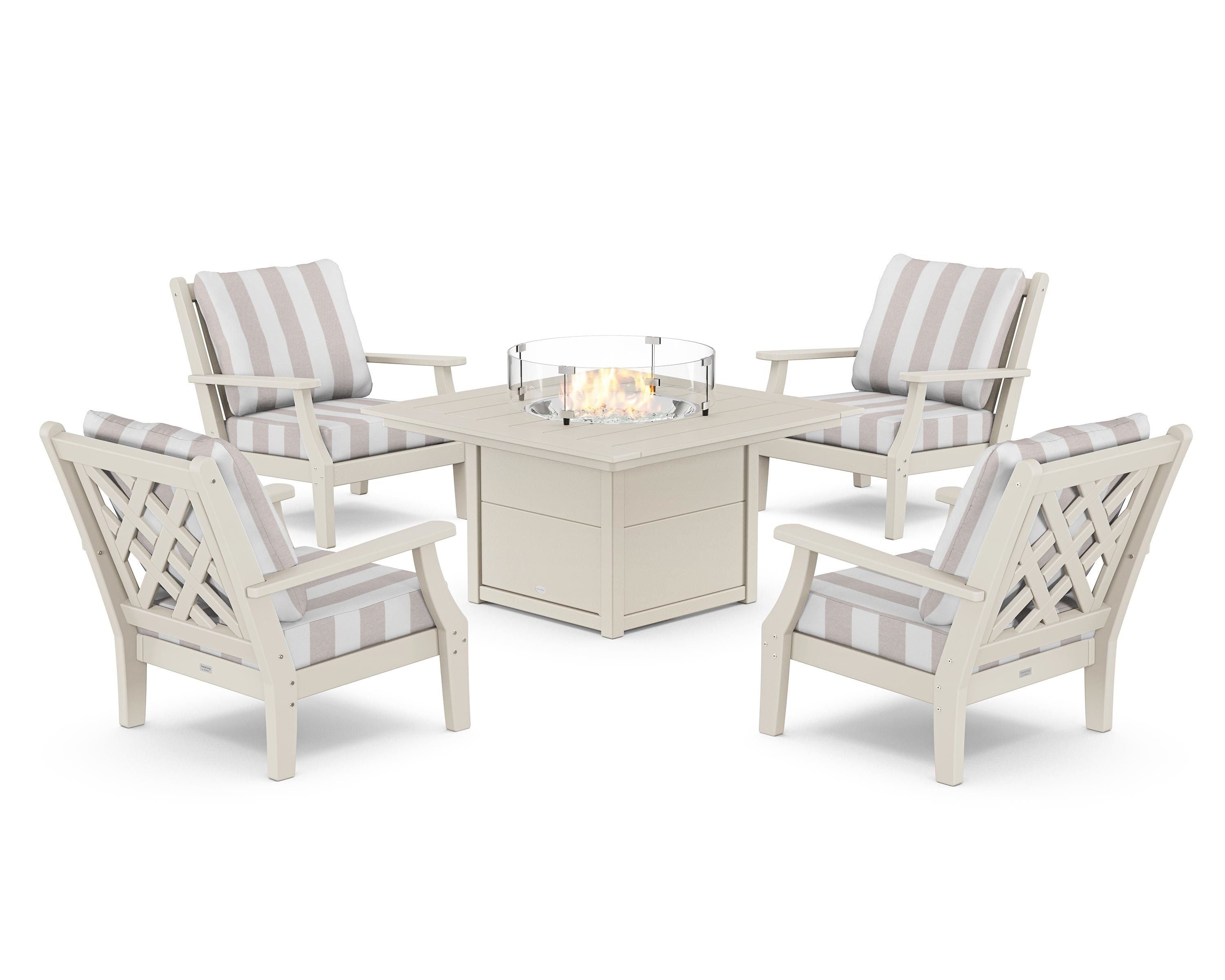 Country Living Wovendale 5-Piece Deep Seating Set with Fire Pit Table in Sand / Cabana Stripe Dune Burlap