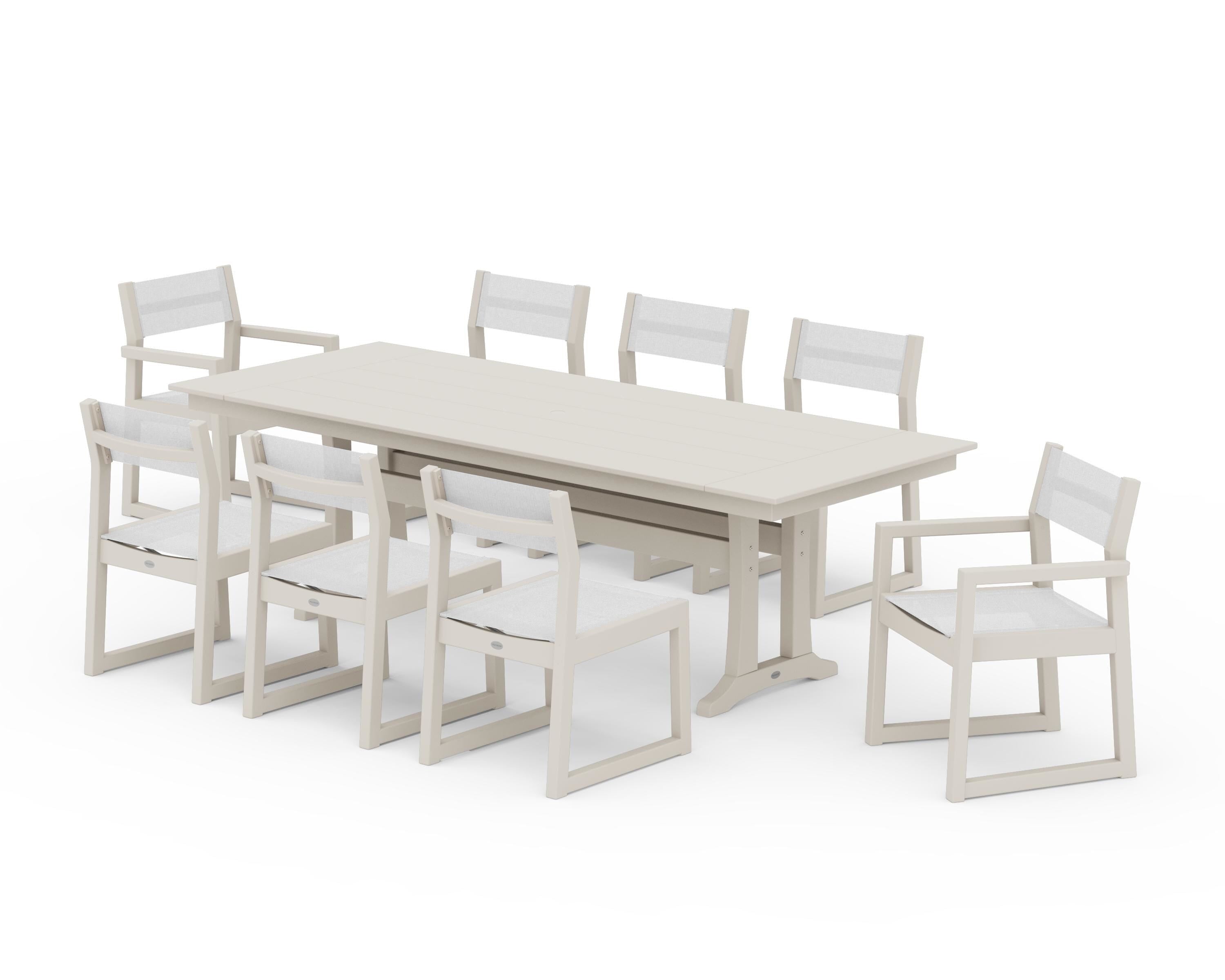 POLYWOOD® EDGE Sling 9-Piece Farmhouse Trestle Dining Set in Sand / White Sling