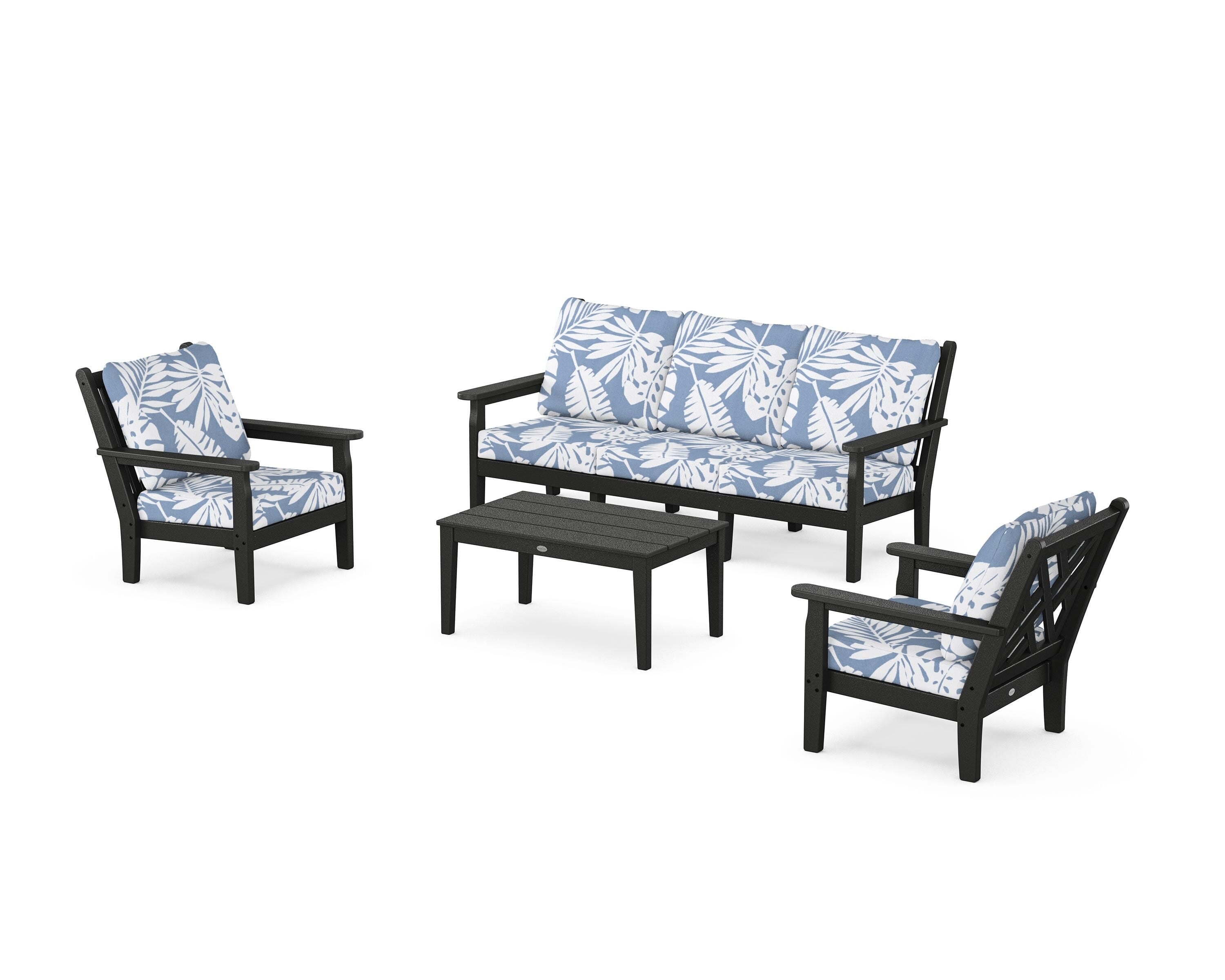 POLYWOOD® Chippendale 4-Piece Deep Seating Set with Sofa in Black / Leaf Sky Blue