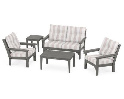 POLYWOOD® Vineyard 5-Piece Deep Seating Set in Slate Grey / Buffalo Plaid Dune Burlap