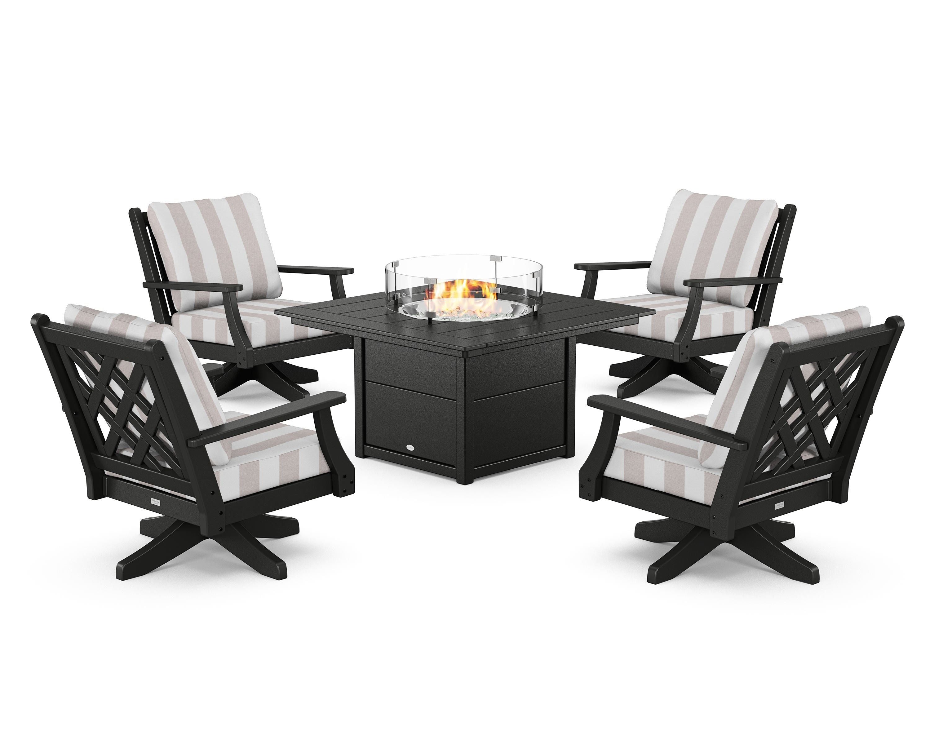 Country Living Wovendale 5-Piece Deep Seating Swivel Conversation Set with Fire Pit Table in Black / Cabana Stripe Dune Burlap