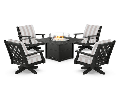 Country Living Wovendale 5-Piece Deep Seating Swivel Conversation Set with Fire Pit Table in Black / Cabana Stripe Dune Burlap