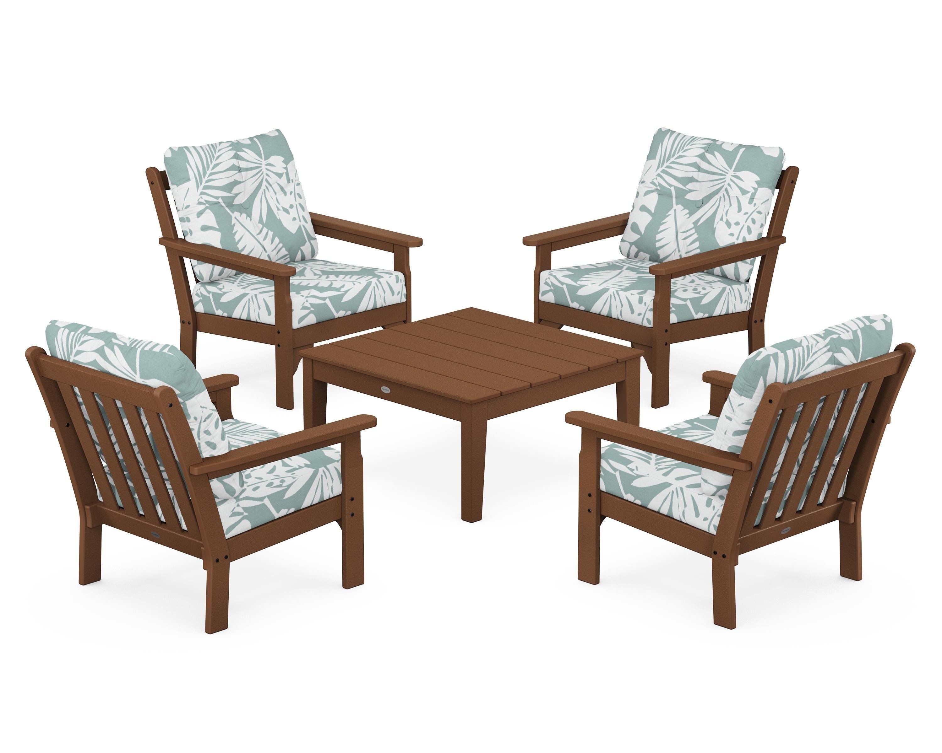 POLYWOOD® Vineyard 5-Piece Deep Seating Conversation Set in Teak / Leaf Glacier Spa