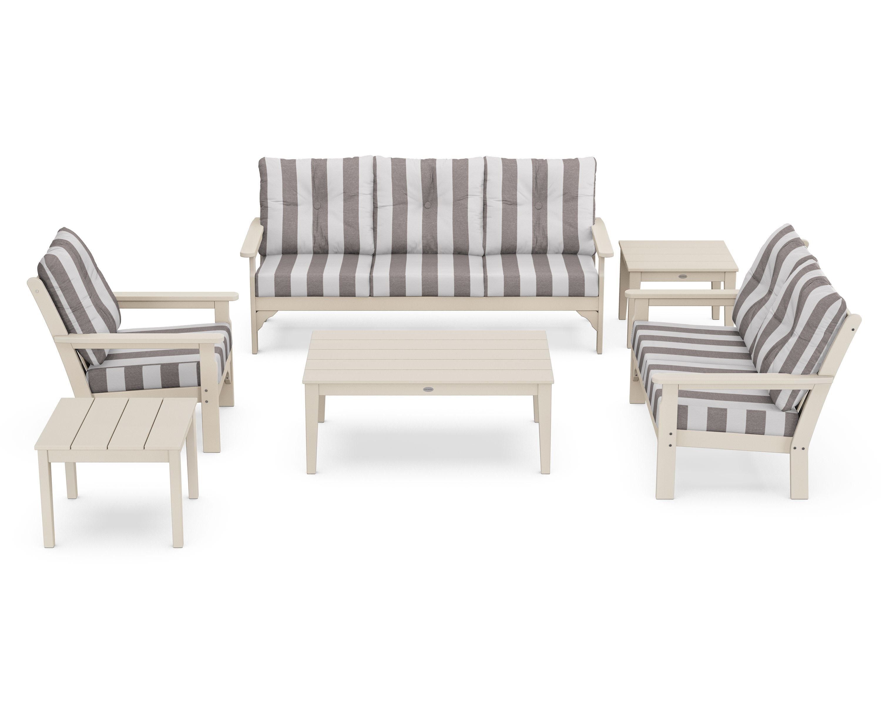 POLYWOOD® Vineyard 6-Piece Deep Seating Set in Sand / Cabana Stripe Grey Mist