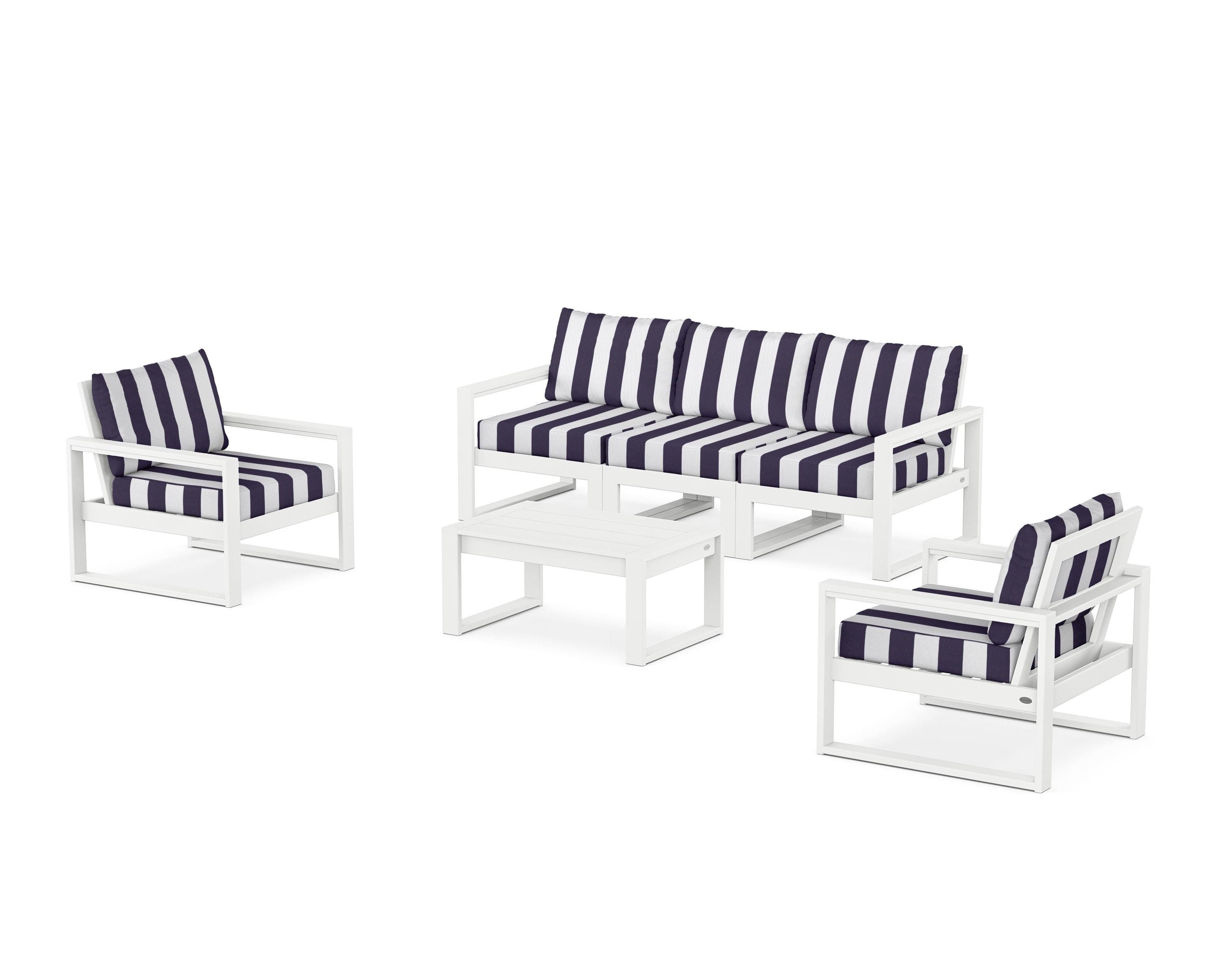 POLYWOOD® EDGE Sectional 4-Piece Deep Seating Set with Sofa in White / Cabana Stripe Navy