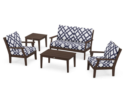 POLYWOOD® Braxton 5-Piece Deep Seating Set in Mahogany / Trellis Navy