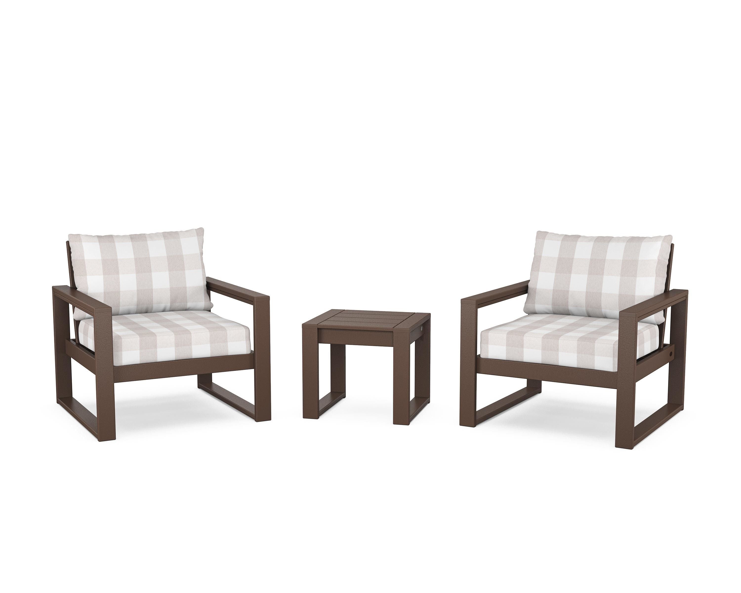 POLYWOOD® EDGE Sectional 3-Piece Deep Seating Set in Mahogany / Buffalo Plaid Dune Burlap