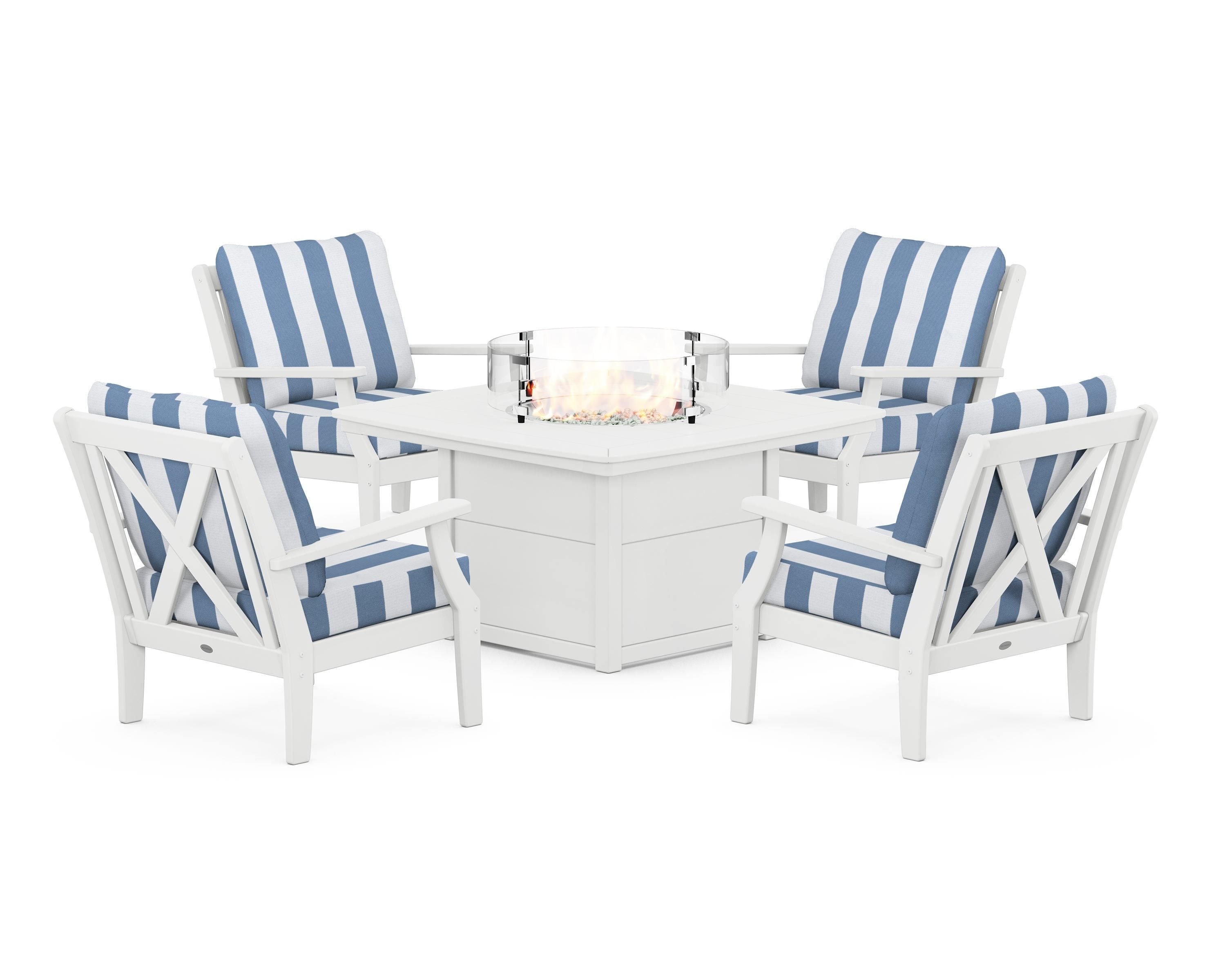 POLYWOOD® Braxton 5-Piece Deep Seating Conversation Set with Fire Pit Table in White / Cabana Stripe Sky Blue
