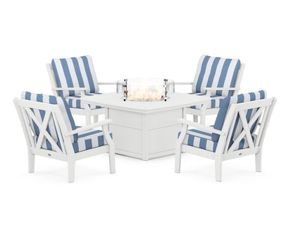 POLYWOOD® Braxton 5-Piece Deep Seating Conversation Set with Fire Pit Table in White / Cabana Stripe Sky Blue