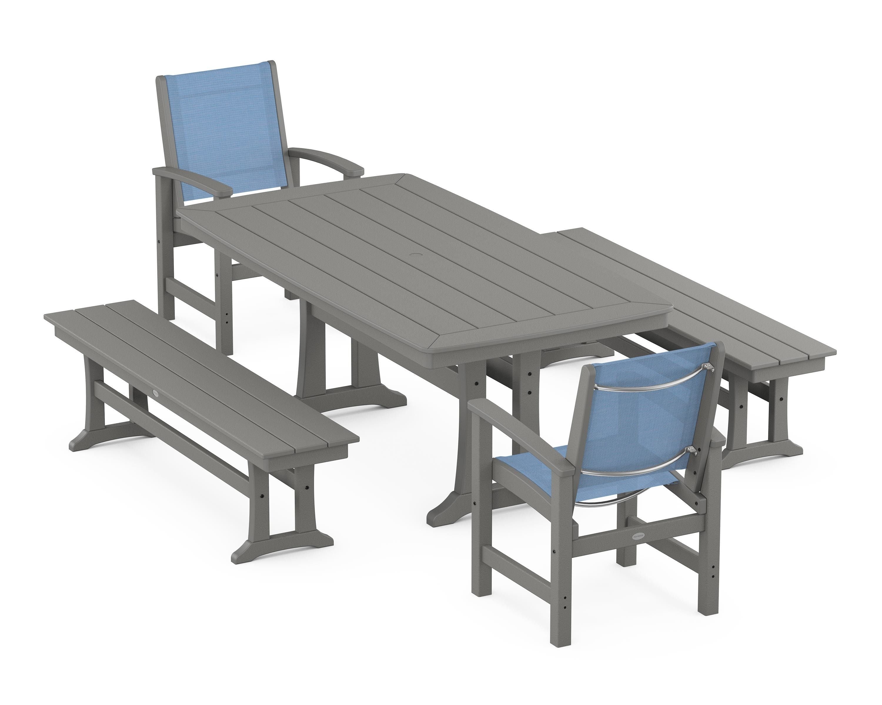 POLYWOOD® Coastal 5-Piece Dining Set with Trestle Legs and Benches in Slate Grey / Poolside Sling
