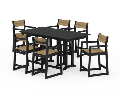POLYWOOD® EDGE Sling Arm Chair 7-Piece Farmhouse Counter Set in Black / Burlap Sling