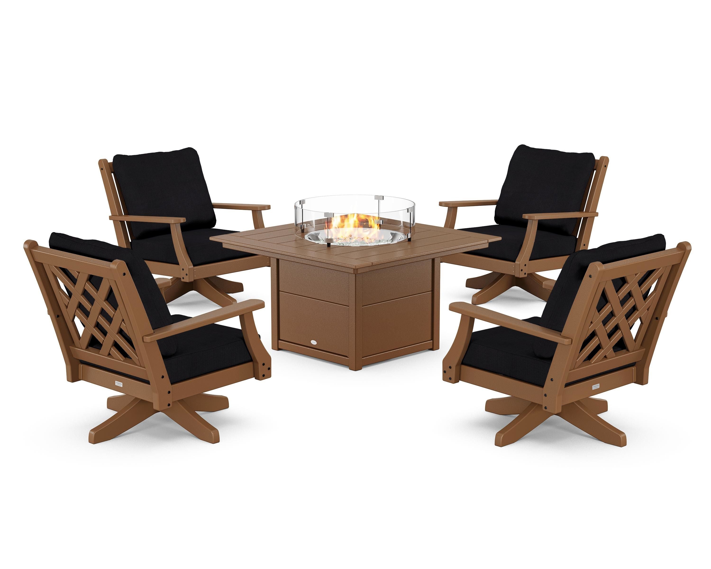 Country Living Wovendale 5-Piece Deep Seating Swivel Conversation Set with Fire Pit Table in Teak / Midnight Linen