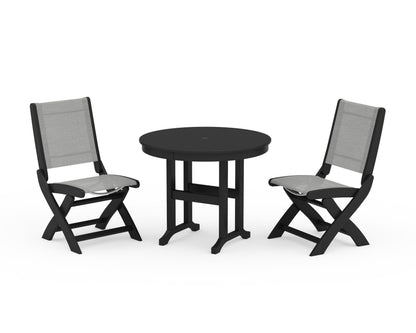POLYWOOD® Coastal Folding Side Chair 3-Piece Round Dining Set in Black / Metallic Sling
