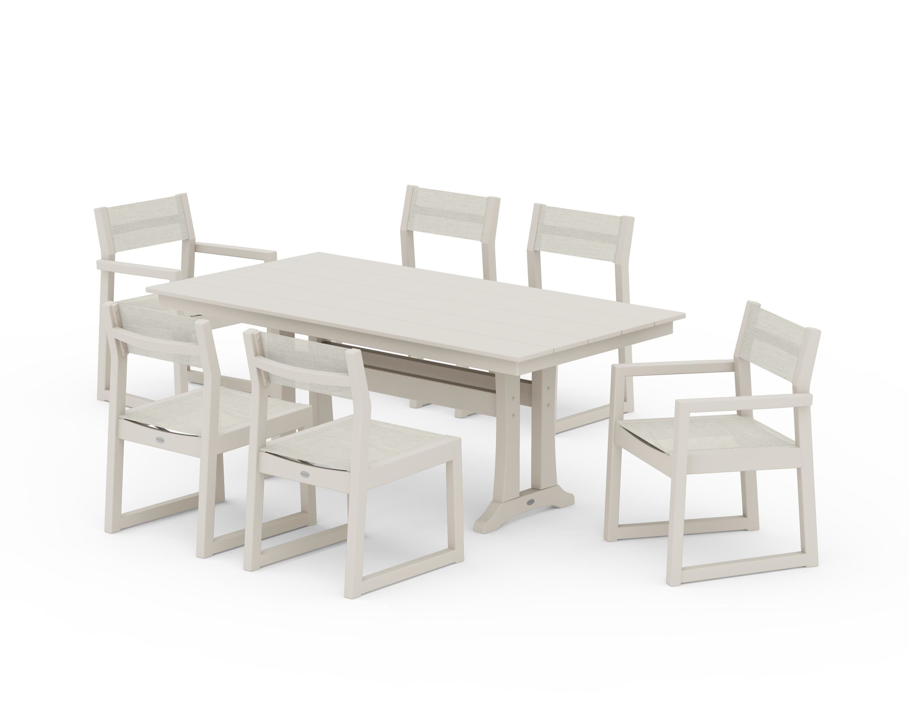POLYWOOD® EDGE Sling 7-Piece Farmhouse Trestle Dining Set in Sand / Parchment Sling