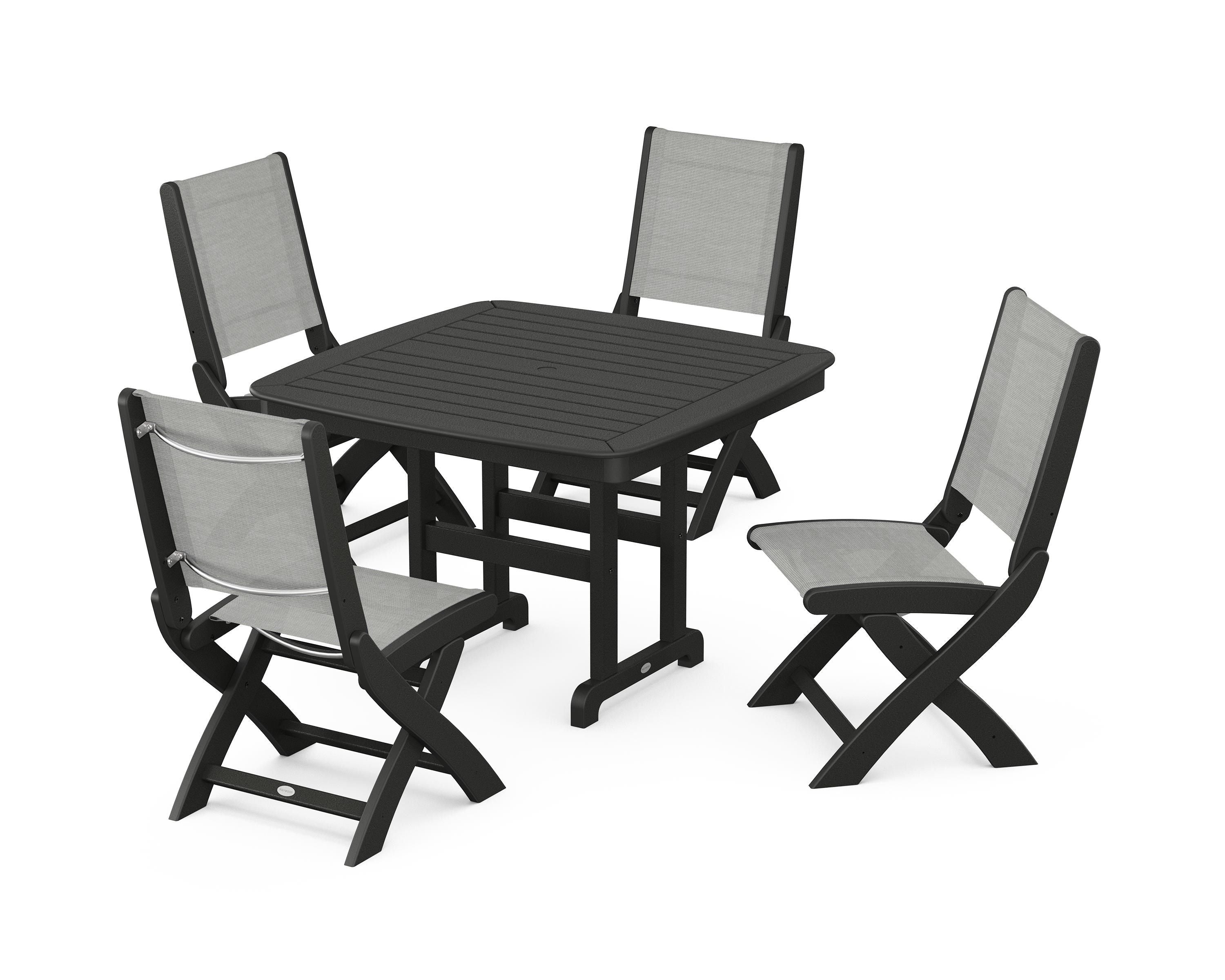 POLYWOOD® Coastal Folding Side Chair 5-Piece Dining Set in Black / Metallic Sling