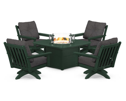 POLYWOOD® Vineyard 5-Piece Deep Seating Swivel Conversation Set with Fire Pit Table in Green / Ash Charcoal