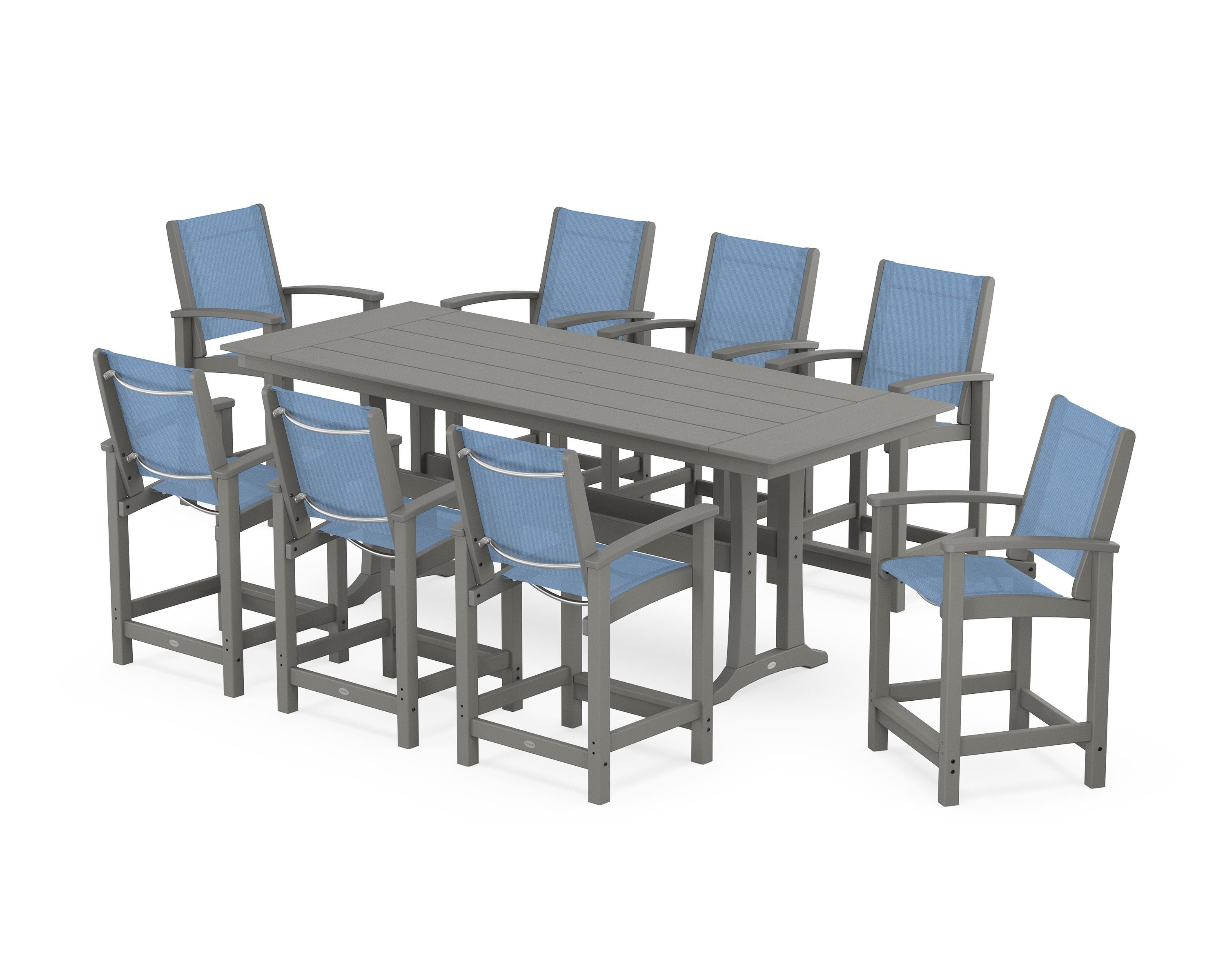 POLYWOOD® Coastal 9-Piece Farmhouse Counter Set with Trestle Legs in Slate Grey / Poolside Sling