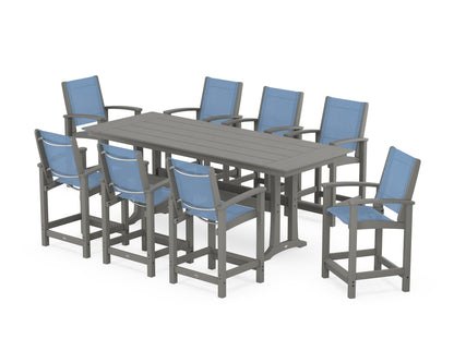 POLYWOOD® Coastal 9-Piece Farmhouse Counter Set with Trestle Legs in Slate Grey / Poolside Sling