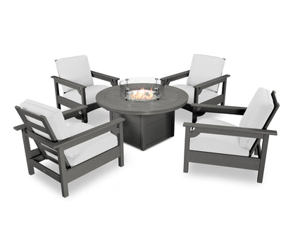 POLYWOOD® Club 5-Piece Conversation Set with Fire Pit Table in Slate Grey / Natural