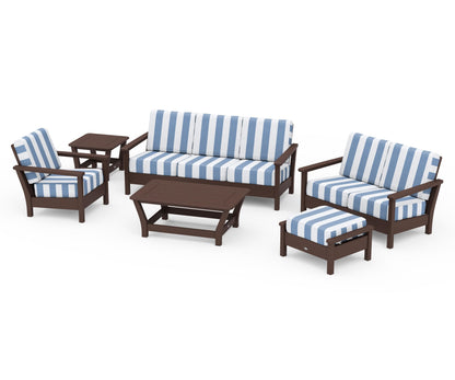 POLYWOOD® Harbour 6-Piece Outdoor Living Set in Mahogany / Cabana Stripe Sky Blue