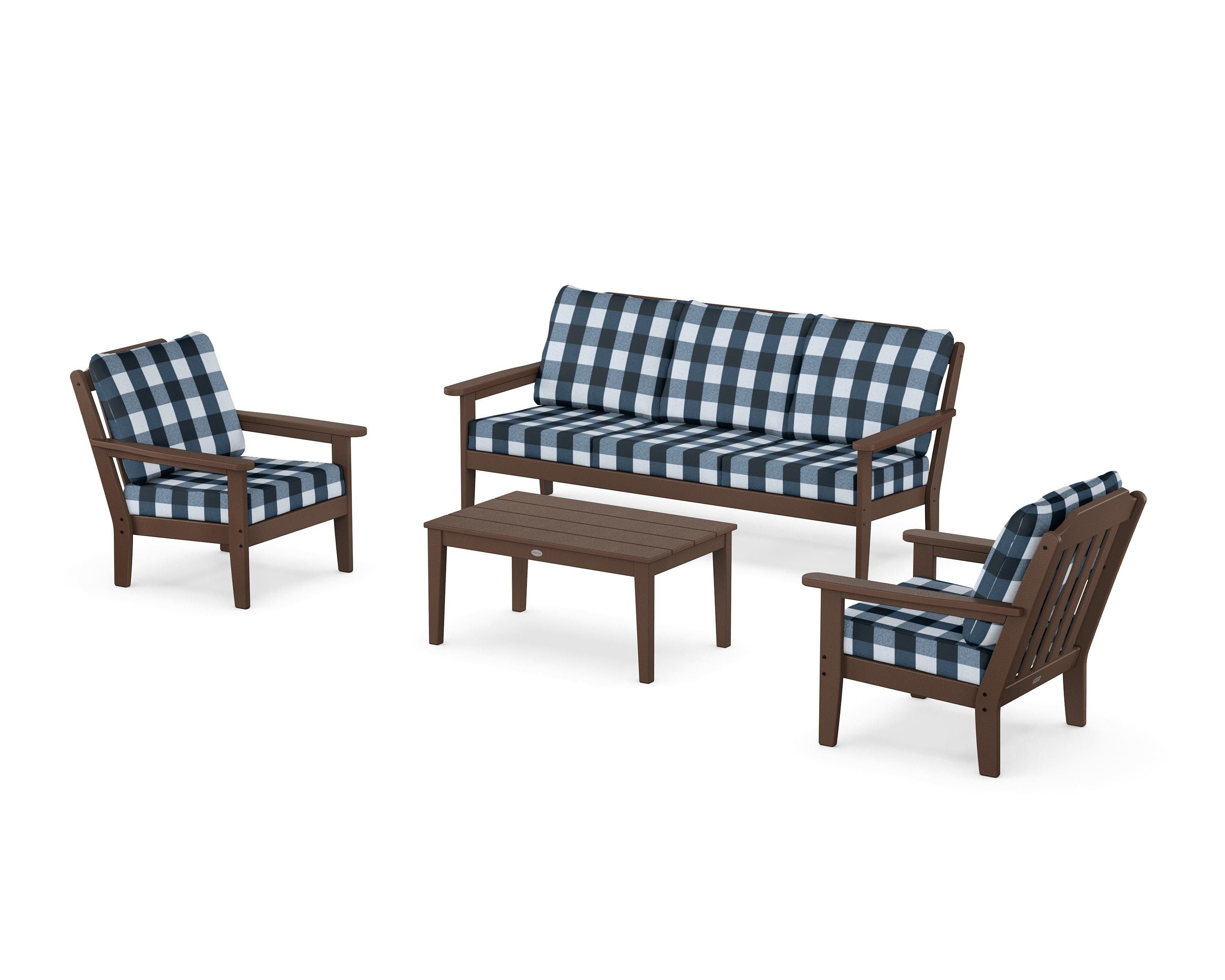 Country Living Cottage 4-Piece Deep Seating Set with Sofa in Mahogany / Buffalo Plaid Marine Indigo