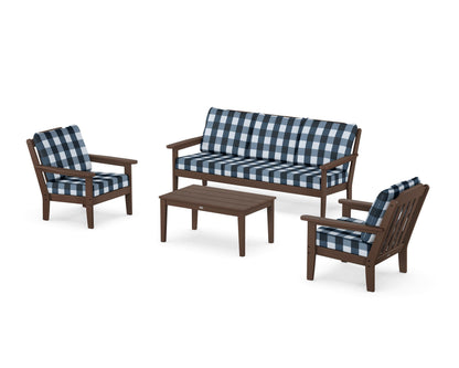 Country Living Cottage 4-Piece Deep Seating Set with Sofa in Mahogany / Buffalo Plaid Marine Indigo