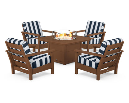 POLYWOOD® Harbour 5-Piece Conversation Set with Fire Pit Table in Teak / Cabana Stripe Marine Indigo