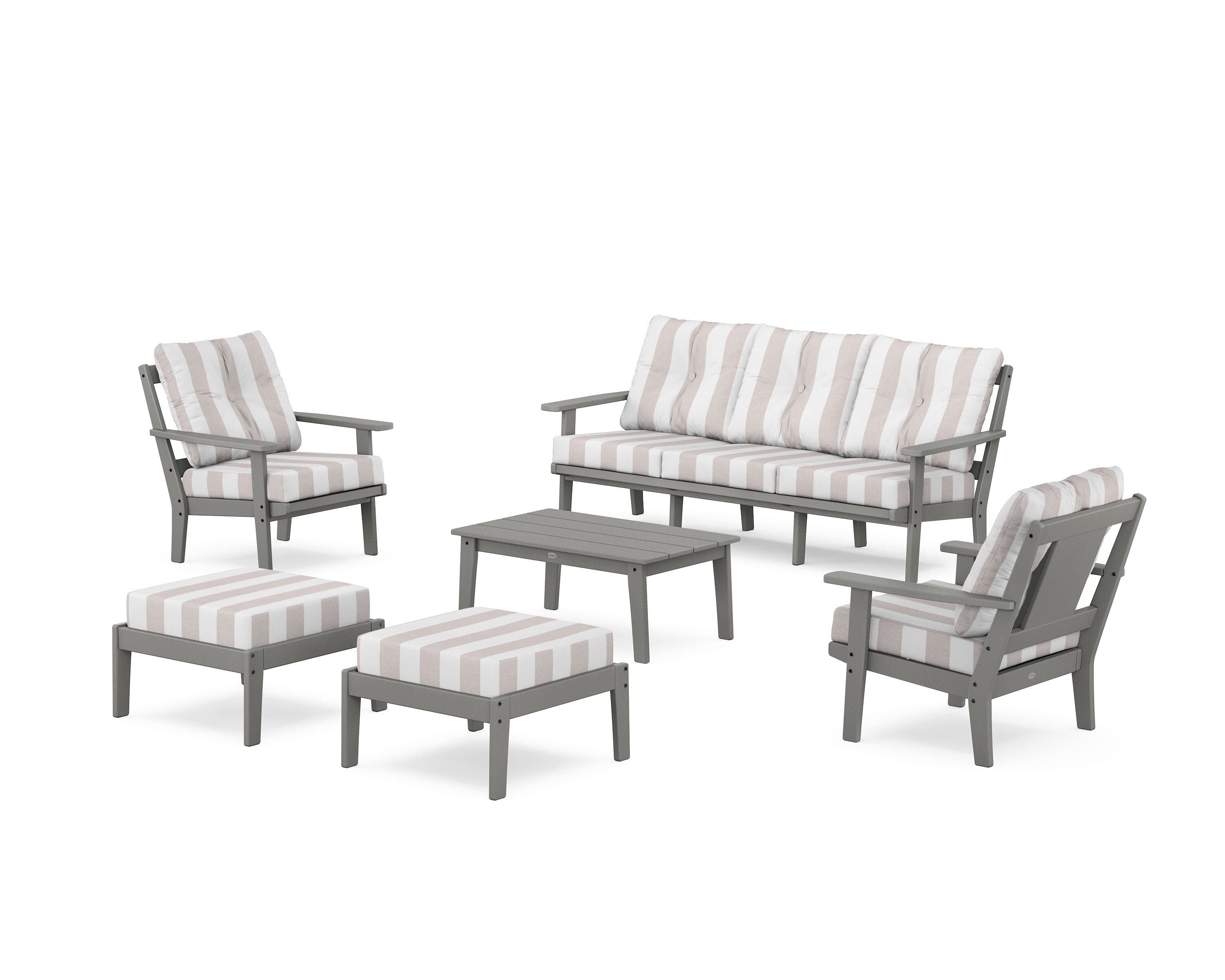 POLYWOOD® Prairie 6-Piece Lounge Sofa Set in Slate Grey / Cabana Stripe Dune Burlap