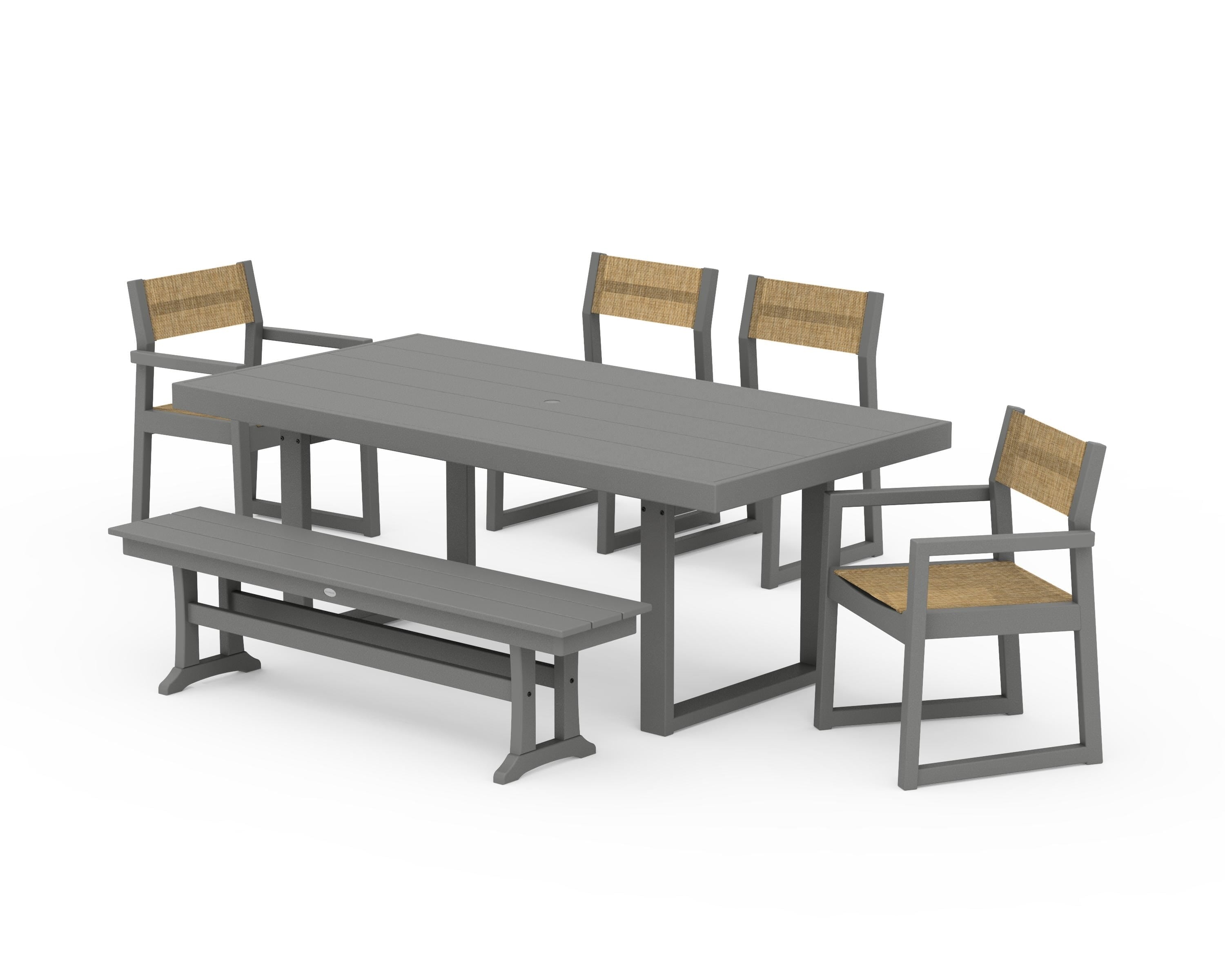 POLYWOOD® EDGE Sling 6-Piece Dining Set with Bench in Slate Grey / Burlap Sling