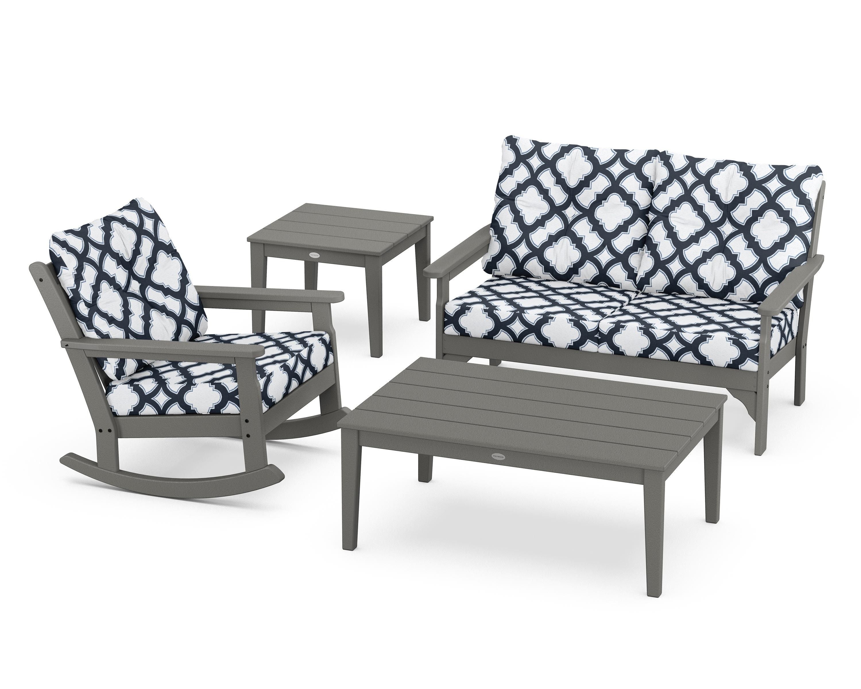 POLYWOOD® Vineyard 4-Piece Deep Seating Rocker Set in Slate Grey / Trellis Marine Indigo