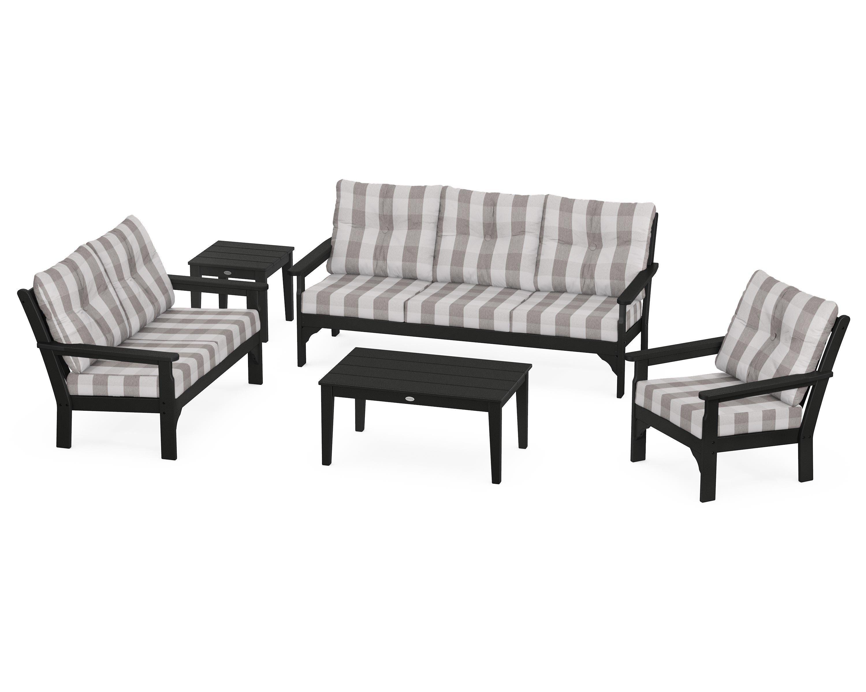 POLYWOOD® Vineyard 5 Piece Deep Seating Set in Black / Buffalo Plaid Grey Mist