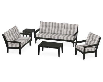 POLYWOOD® Vineyard 5 Piece Deep Seating Set in Black / Buffalo Plaid Grey Mist