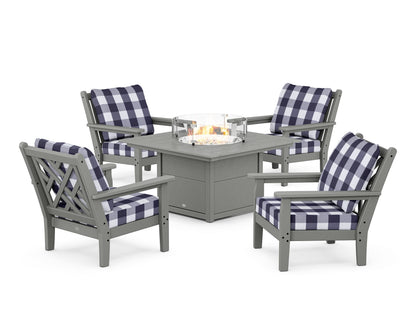 POLYWOOD® Chippendale 5-Piece Deep Seating Set with Fire Pit Table in Slate Grey / Buffalo Plaid Navy