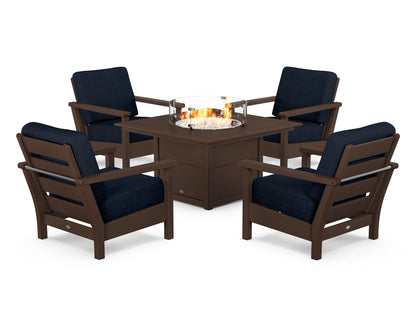 POLYWOOD® Harbour 5-Piece Conversation Set with Fire Pit Table in Mahogany / Marine Indigo