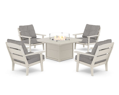 POLYWOOD® Lakeside 5-Piece Deep Seating Set with Nautical Fire Pit Table in Sand / Grey Mist