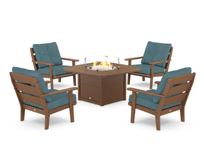 POLYWOOD® Lakeside 5-Piece Deep Seating Set with Nautical Fire Pit Table in Teak / Ocean Teal
