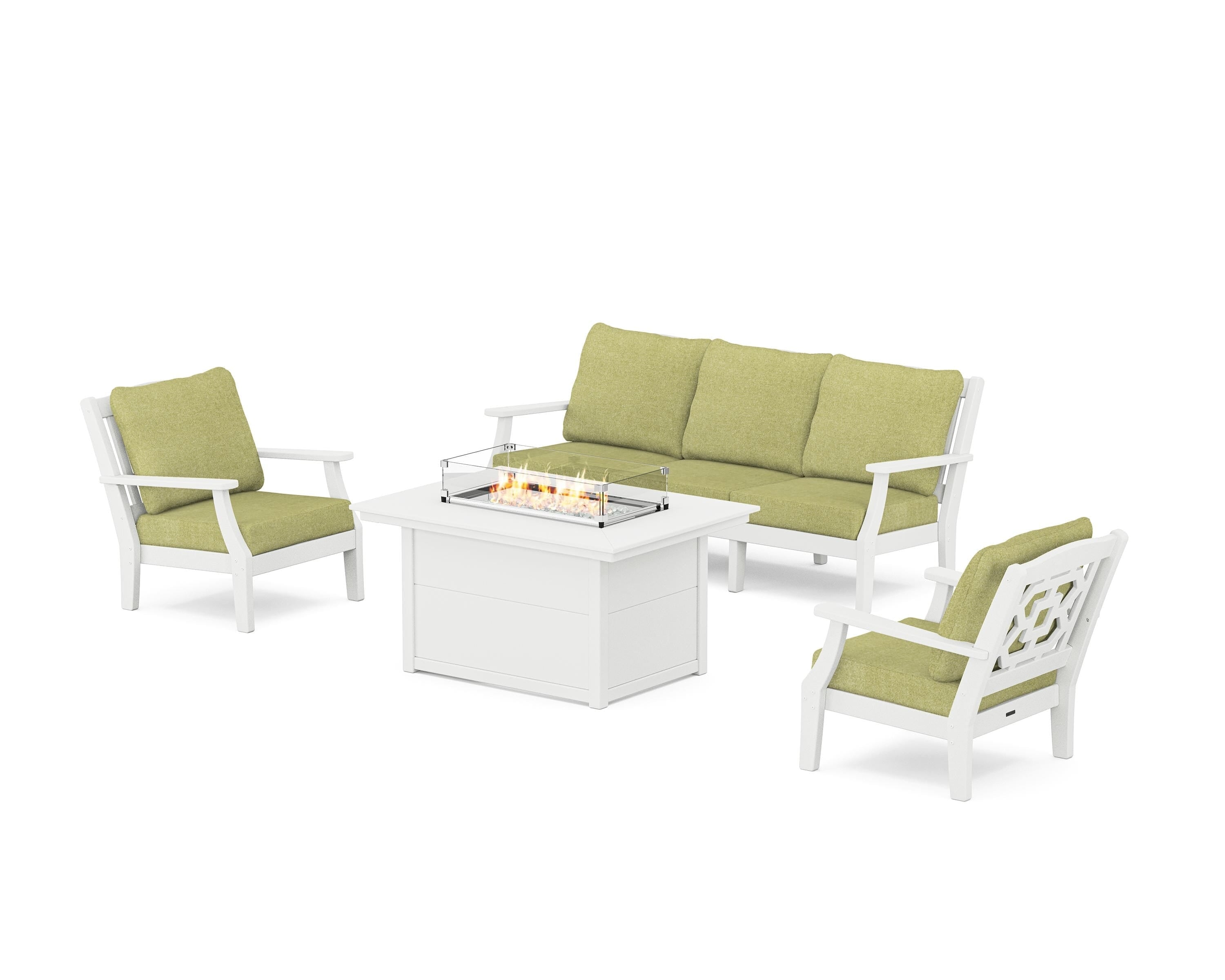 Martha Stewart by POLYWOOD® Chinoiserie Deep Seating Fire Pit Table Set in White / Chartreuse Boucle