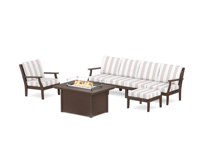 POLYWOOD® Braxton Sectional Lounge and Fire Pit Set in Mahogany / Cabana Stripe Dune Burlap